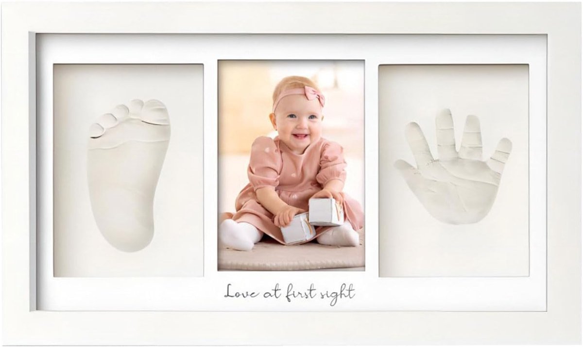 Baby Handafdruk en Voetafdrukset Fotolijst - Gipsafdruk voor Hand en Voet - Echt Houten Fotolijst - Witte Tint - Inclusief Letters en Cijfers