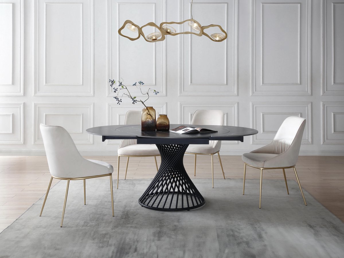 Uitschuifbare ronde eettafel CASTINA 120-180x120x76 cm met keramisch zwart marmerblad en centraal metalen onderstel – 4-8 personen – Abkantoor