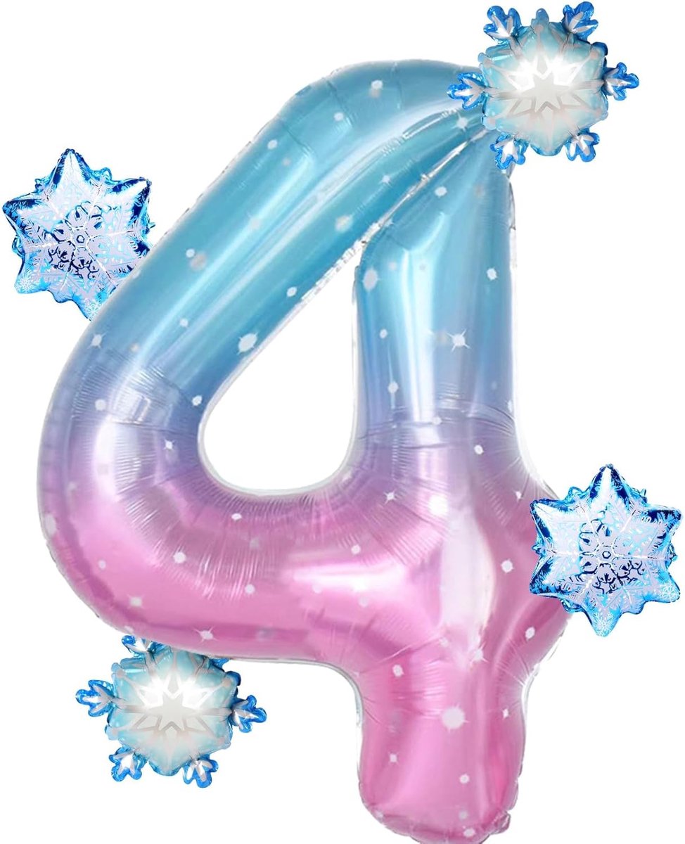 Grote Folieballon Cijfer 4 met Sneeuwvlokken voor Meisjes Verjaardagsfeest