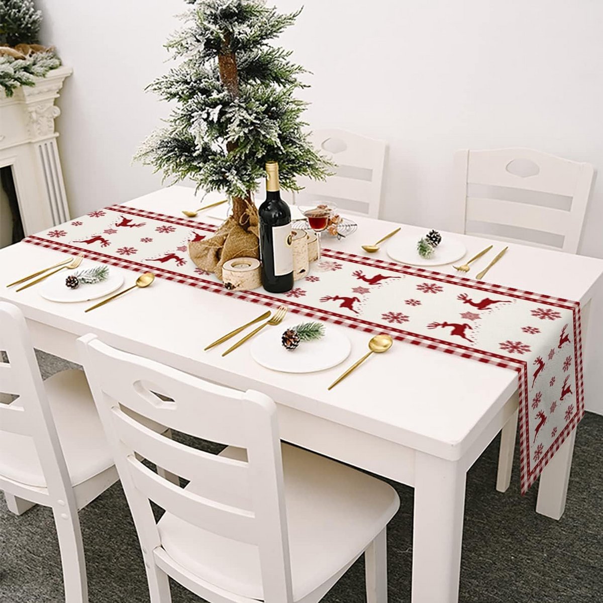Kerst Tafelloper Rood Geruit met Sneeuwvlokken voor Winterdecoratie