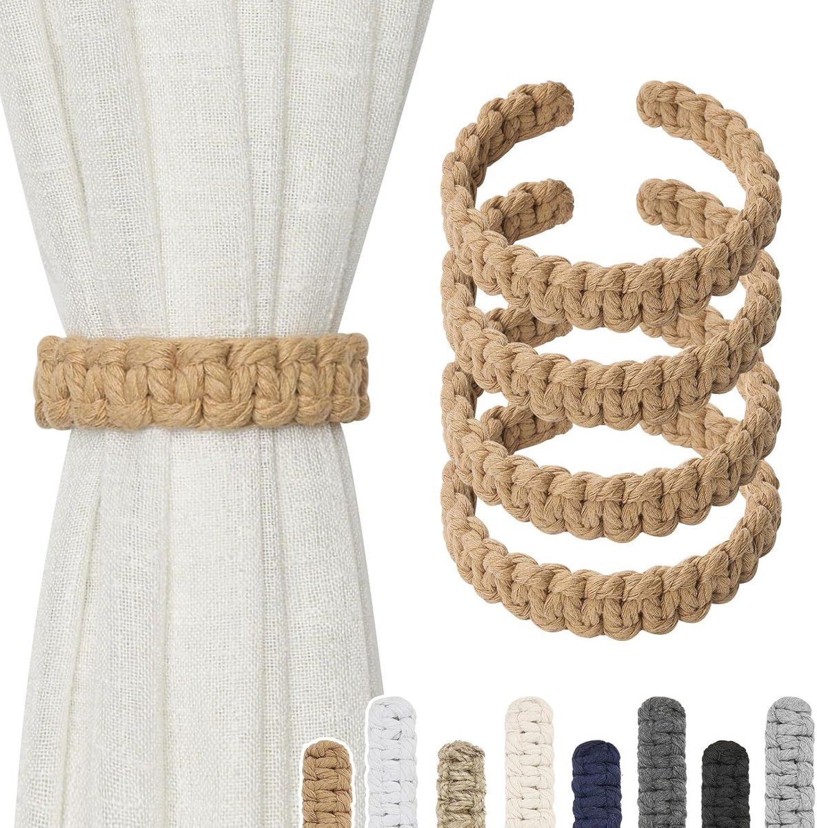4x Jute Touw Gordijn Tiebacks - Rustiek Katoen Gevlochten Gordijnophangers voor Woonkamer en Slaapkamer Decoratie