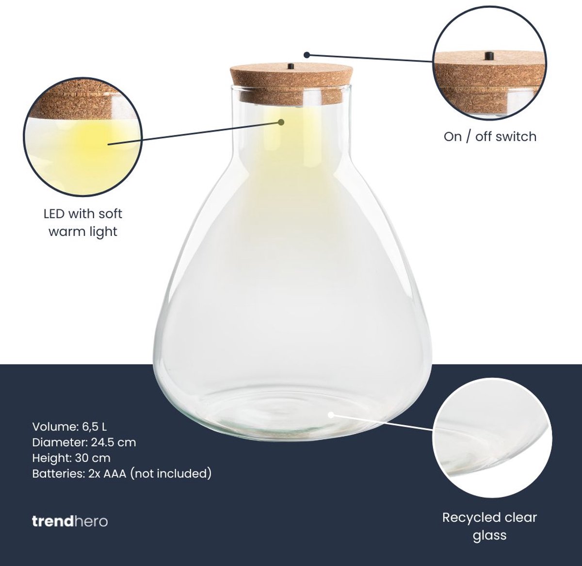 Terrarium fles ‘Sam’ - Incl. LED-kurk - Gesloten terrarium Ø 24,5 cm ↑ 30 cm