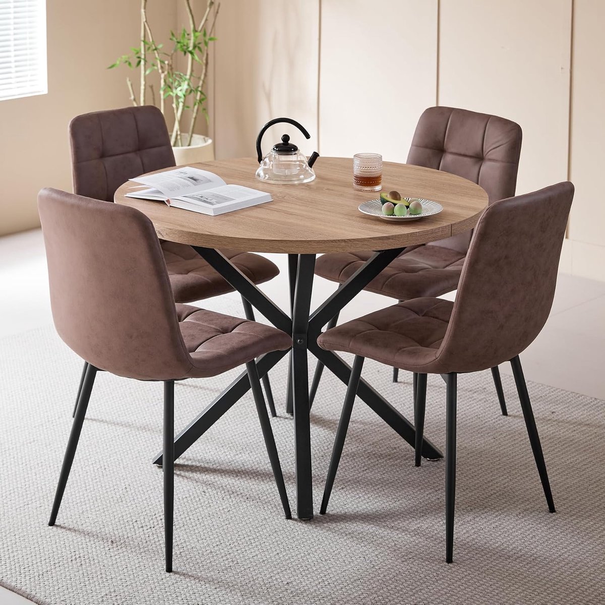 Ronde Eettafel met 4 Comfortabele Kunstleren Eetkamerstoelen