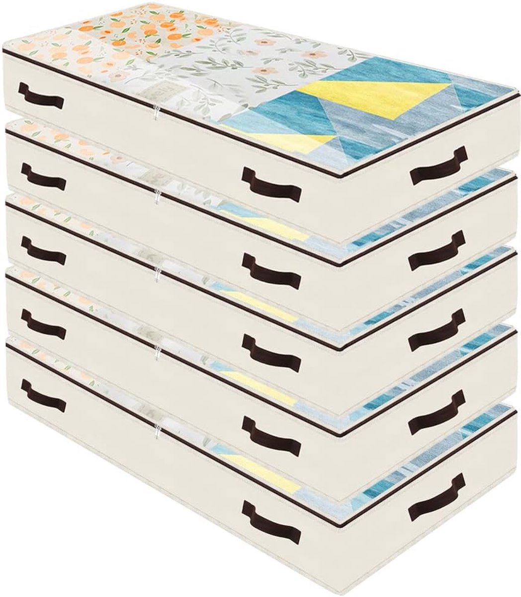 5-pack opbergdozen onder bed met handvatten en inspectievak, beige