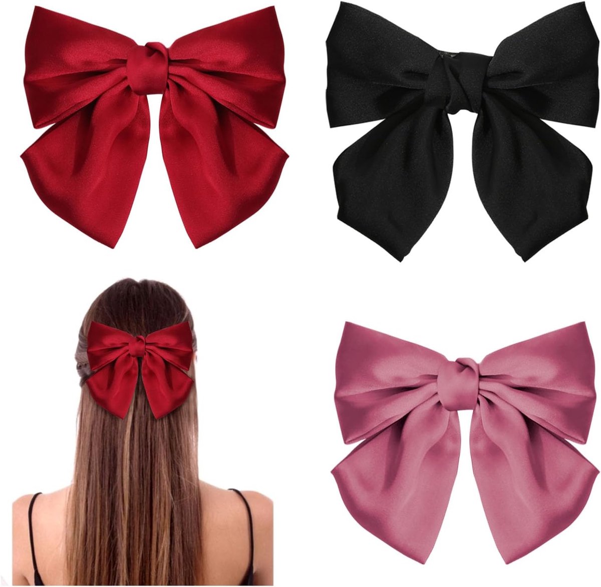 Set van 3 Grote Strik Haarclips in Zachte Satijnlook - Zwart, Rood en Roze