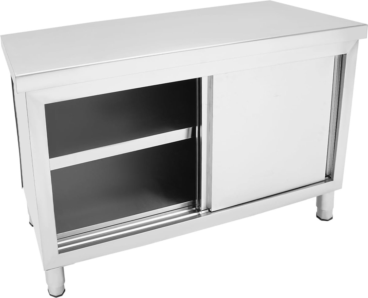 Werktafel RVS met 3 Etages en Schuifdeuren voor Keuken en Horeca