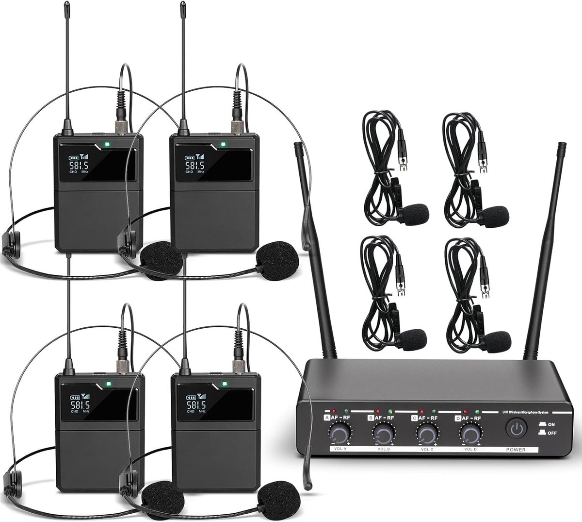 Draadloze 4-kanaals Microfoonset met Headset en Lavalier Microfoons - Professionele Geluidskwaliteit