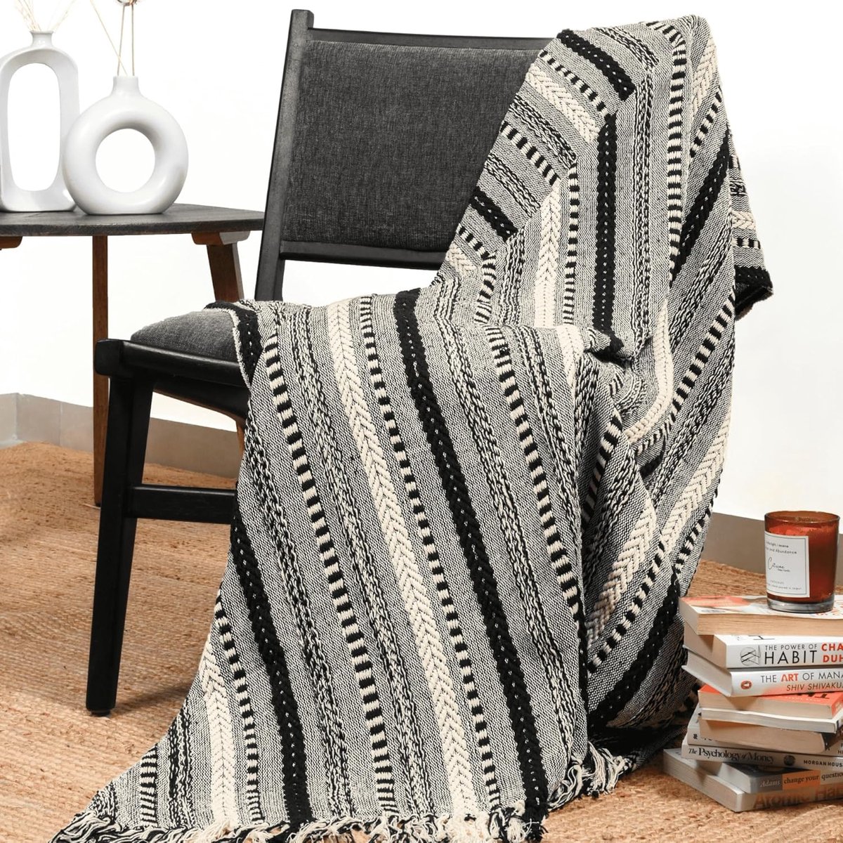 Boho Geweven Plaid met Franjes en Strepen - Luxe Katoenen Sierdeken voor Sofa of Buitenmeubilair - 127x152 cm