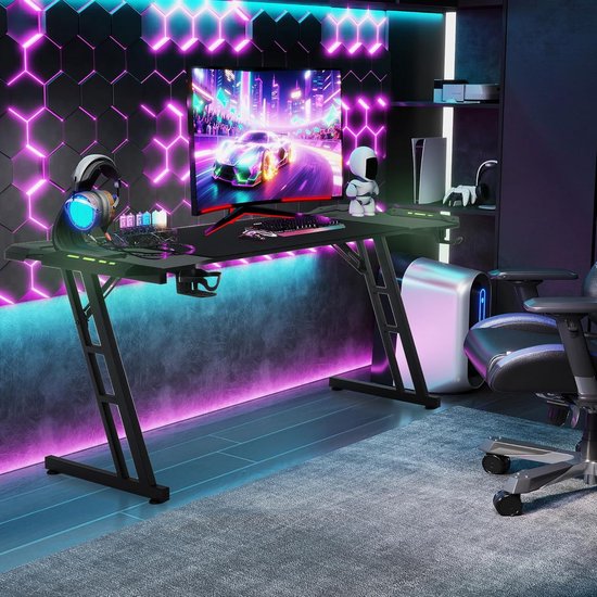 Ruime Gamingtafel met LED-Verlichting, Koptelefoonhaak en Bekerhouder — afbeelding 2