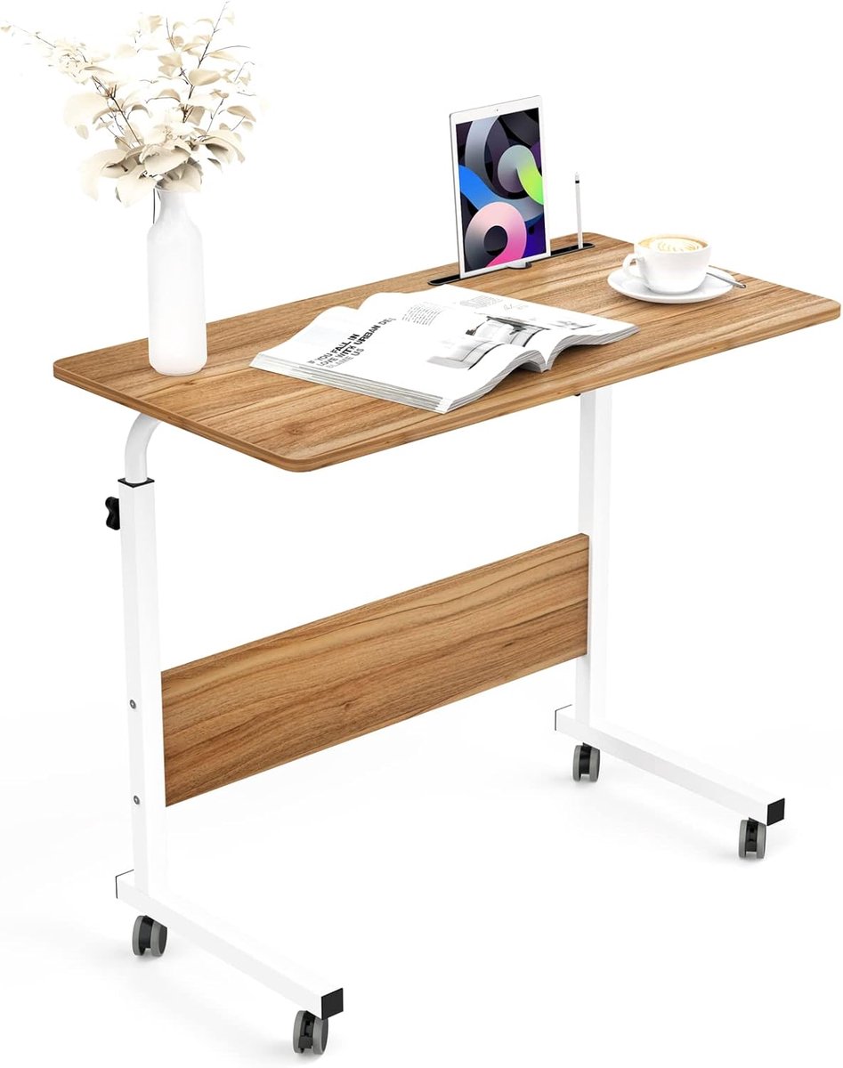 Verstelbare bijzettafel met wielen en opbergplanken, mobiel C-vormig bureau