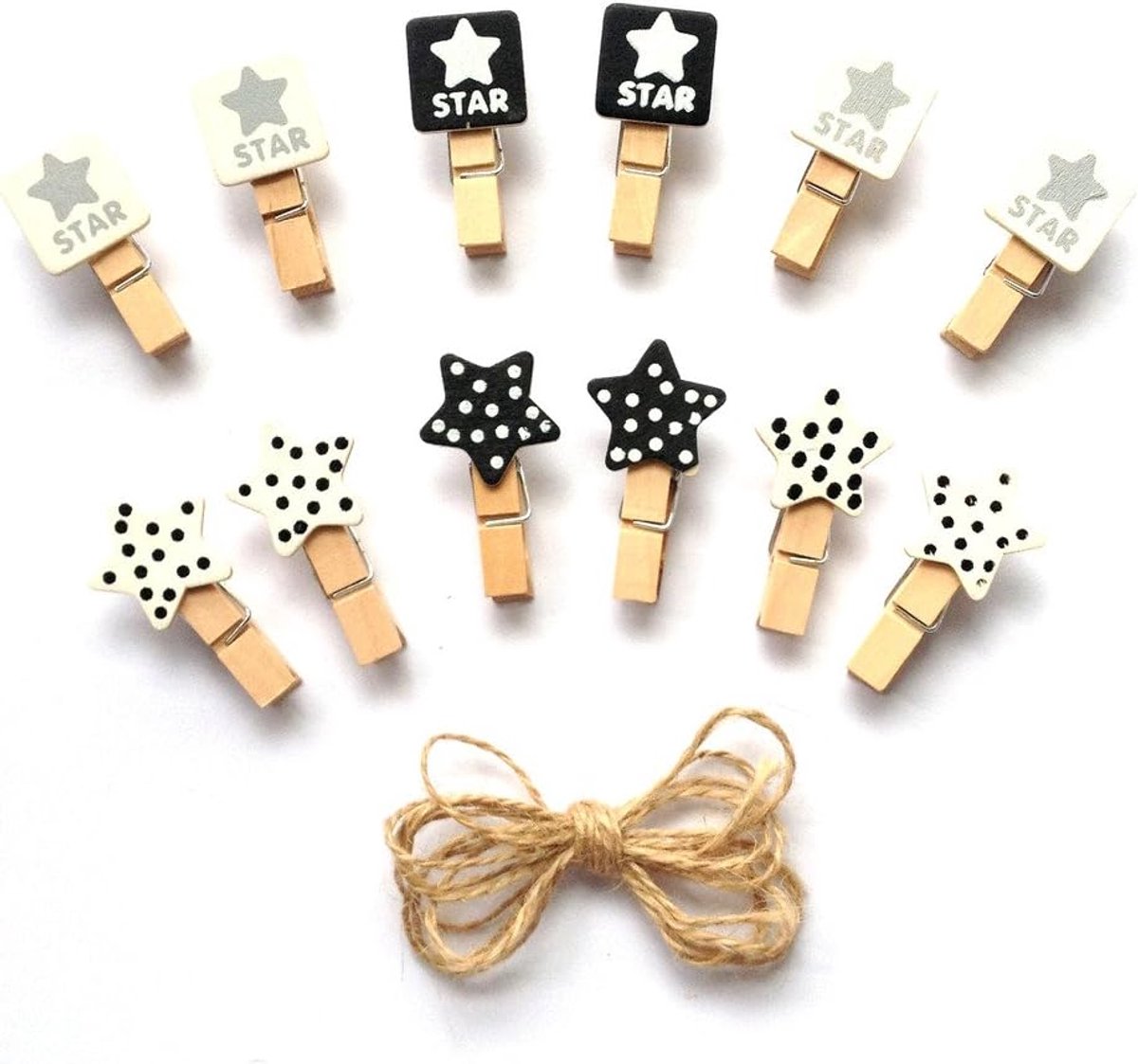 Houten Mini Wasknijpers met Sterrenversiering en Jute Touw