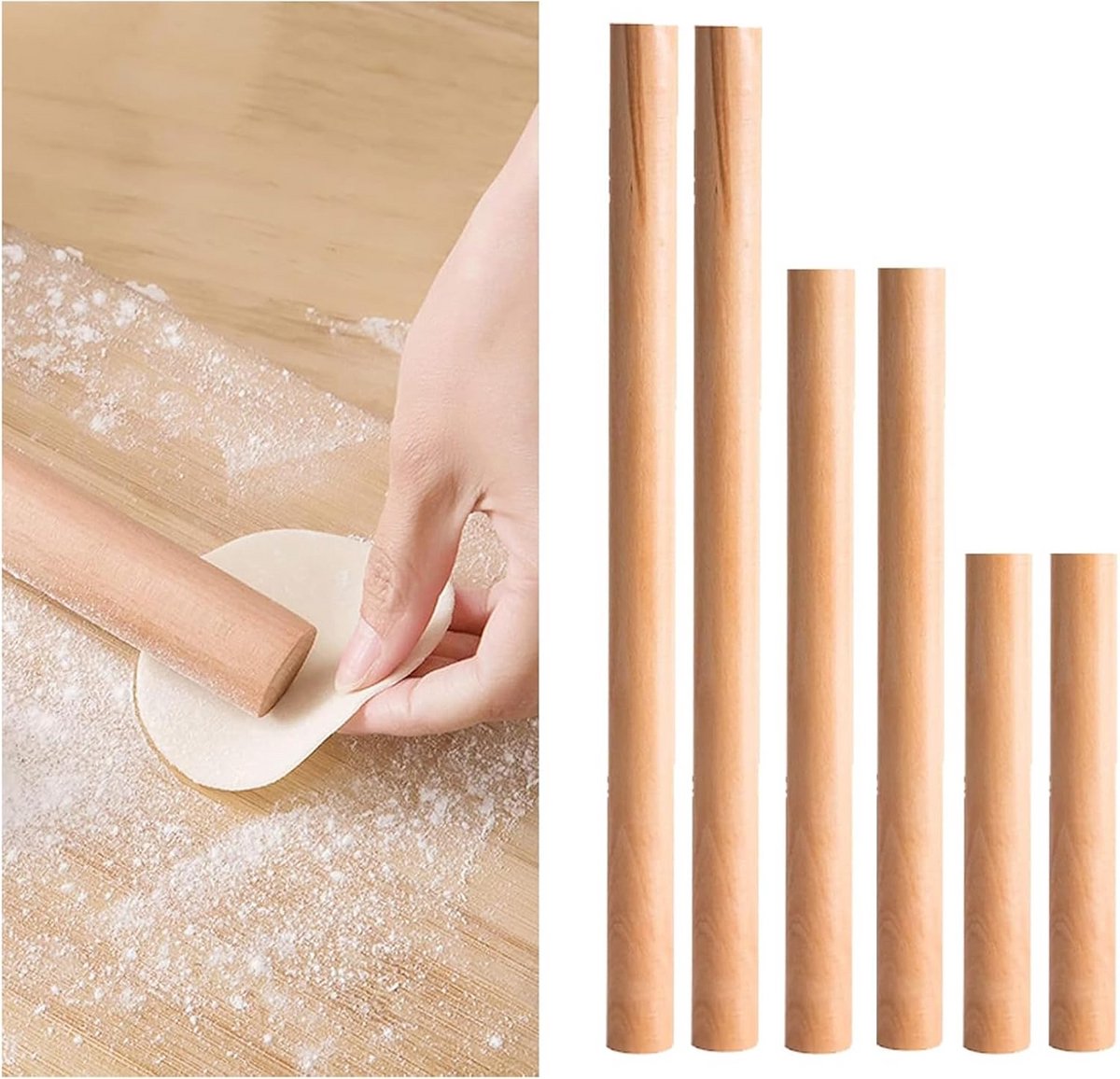 6 Stuks Houten Deegrollers Set - Beuken - Ideaal voor Pizza, Pasta en Brood