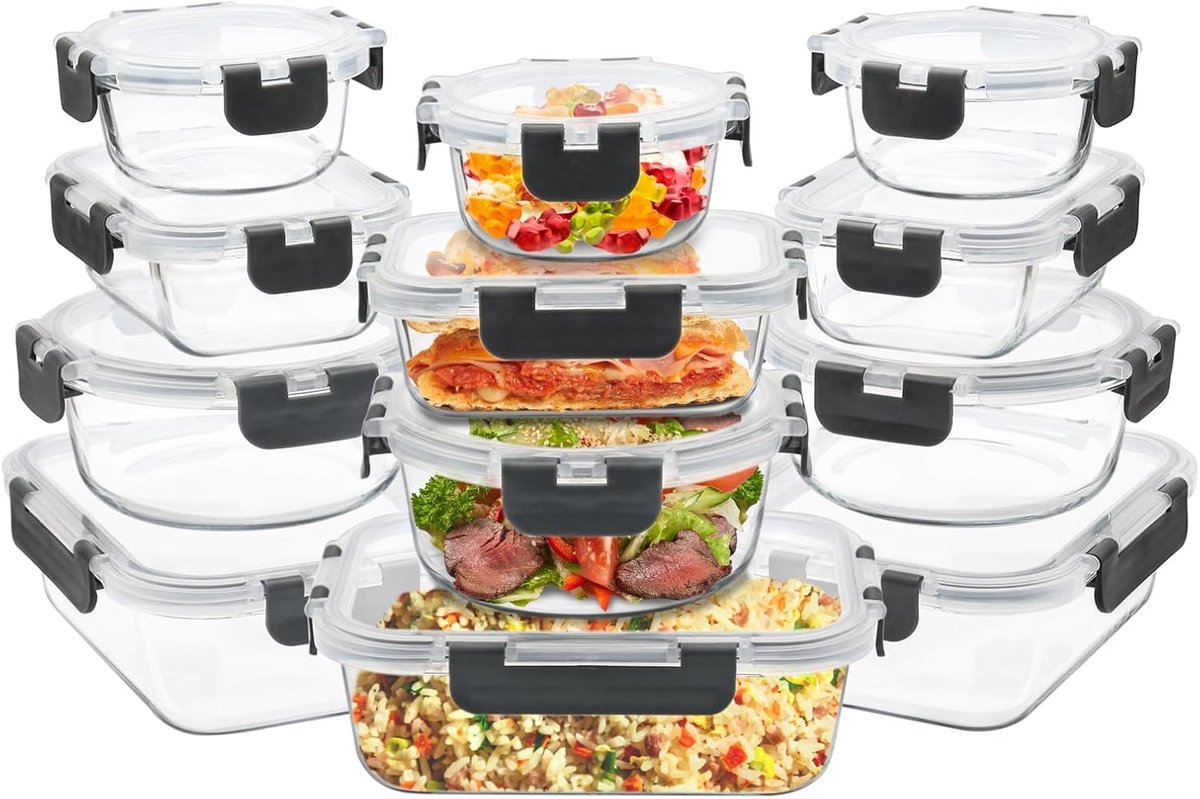 12 Delige set glazen bewaarbakjes met luchtdichte deksels - Oven & magnetronbestendig