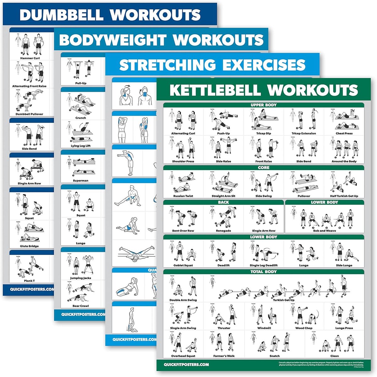 Set van 4 Gelamineerde Workoutkaarten: Halter, Lichaamsgewicht, Rekken & Kettlebell Oefeningen