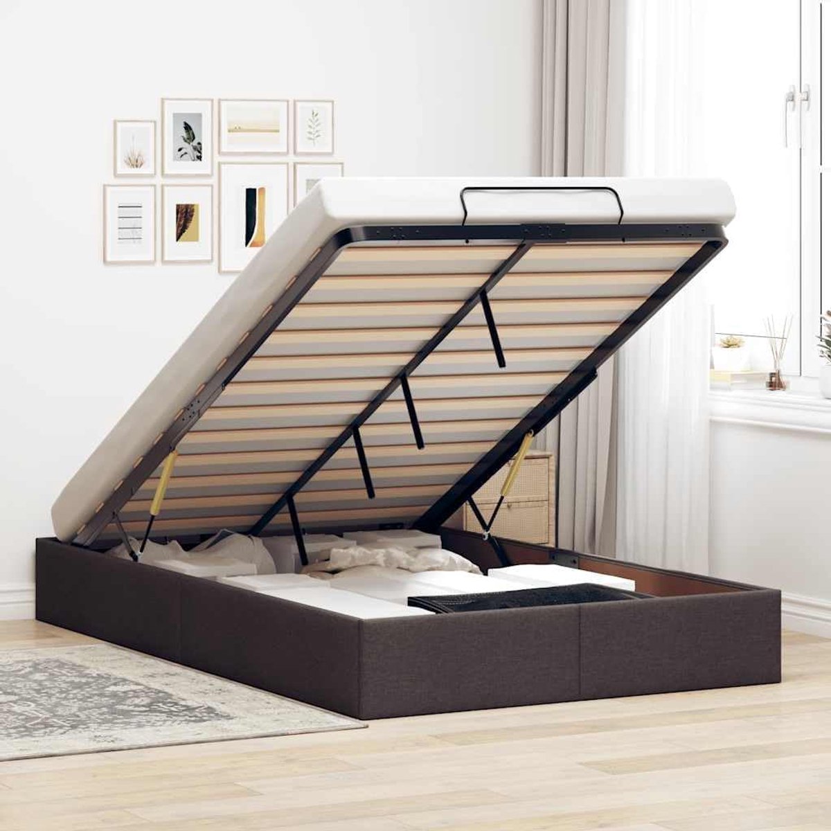 Stalen bedframe met opbergruimte 120x200 cm donkerbruin textiel
