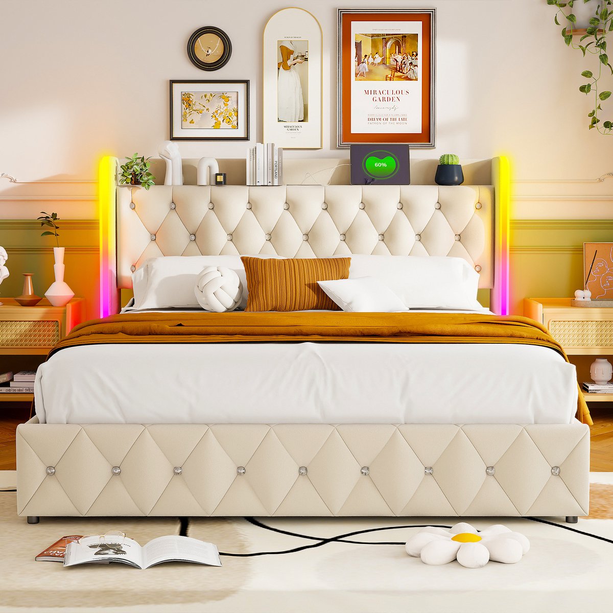 Opbergbed 160x200 Beige Velvet – Bed met LED & USB-C