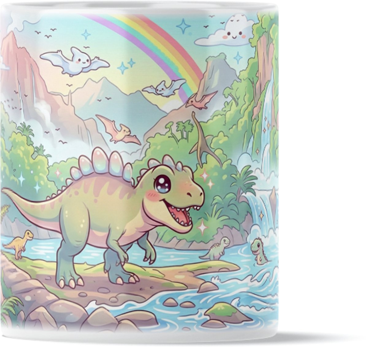 Dinosaurus Mok Groen "Kawaii Series" - Schattige Stegosaurus in Tropische Jungle met Waterval & Regenboog - Dino Drinkbeker - Grappig Cadeau Kantoor - Voor hem & haar: Kind, Vriend(in) & Collega - Kleurrijke Prehistorische Illustratie - Cartoon Mok