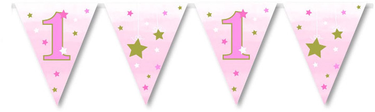 ANNIVERSARY HOUSE - Papieren slinger eerste verjaardag meisje One Little Star 3,7 m met vlaggetjes