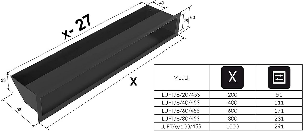 Ventilatierooster Warmeluchtrooster 6 x 40 cm | Zwart | Hittebestendig Uitlaatrooster met 45 graden Luchtinlaat | Ideaal voor Haardventilatie