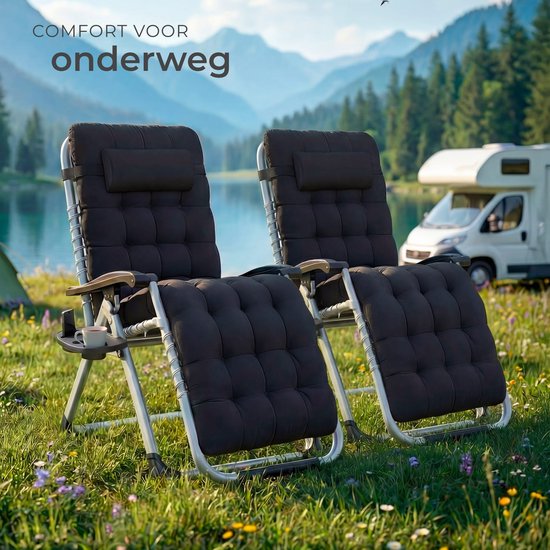 tectake® set van 2 Opvouwbare Ligstoelen Cloud - Tuinstoelen met Bijzettafels - Traploos Verstelbaar - Voor Balkon, Camping of Tuin - Relaxstoelen met extra dik Kussen - Strandstoelen - Ligbed - Div. kleuren - Zwart van Merkloos — afbeelding 5