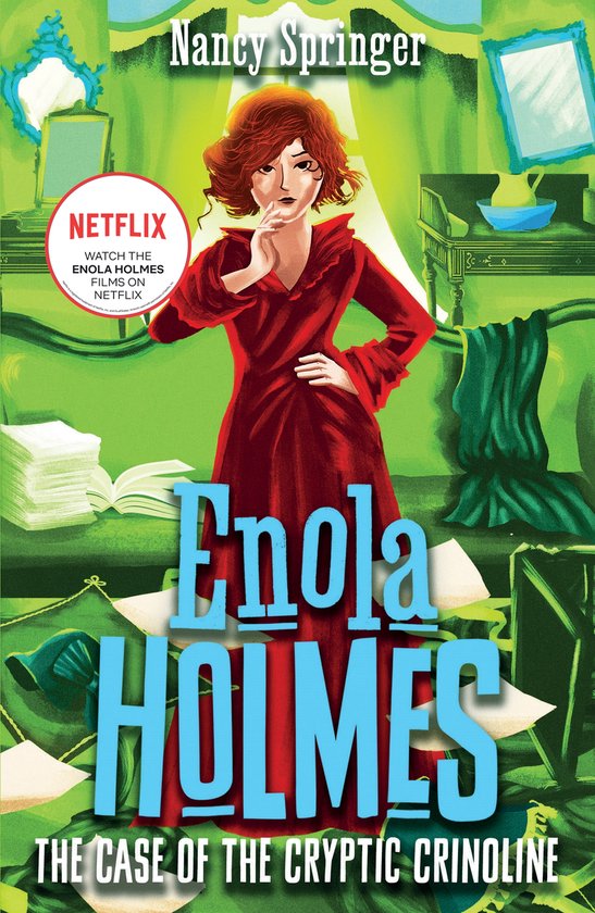 Boekcover van 'Enola Holmes: The Case of the Cryptic Crinoline' met Enola Holmes in een rode jurk, zittend op een groene bank.
