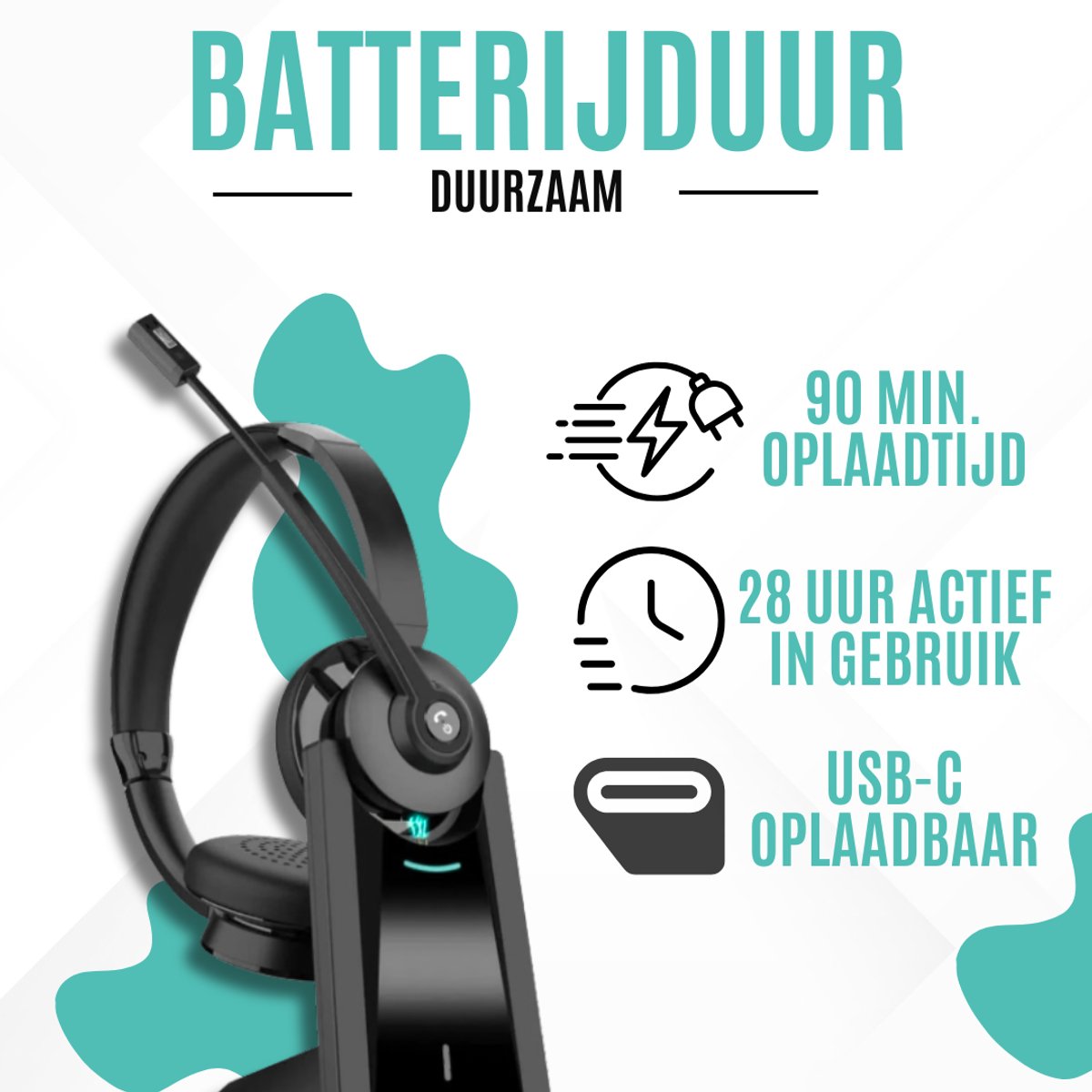 Draadloze Headset met Microfoon Bluetooth Dual Connect Noise Cancelling 28 uur Batterij PC Laptop Smartphone - Afbeelding 2