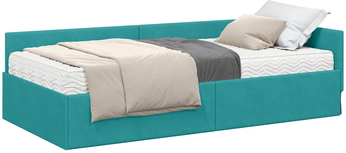 vidaXL - Hoekbedframe - met - Matras - Anders - 2 - st - Turquoise - Fluweel