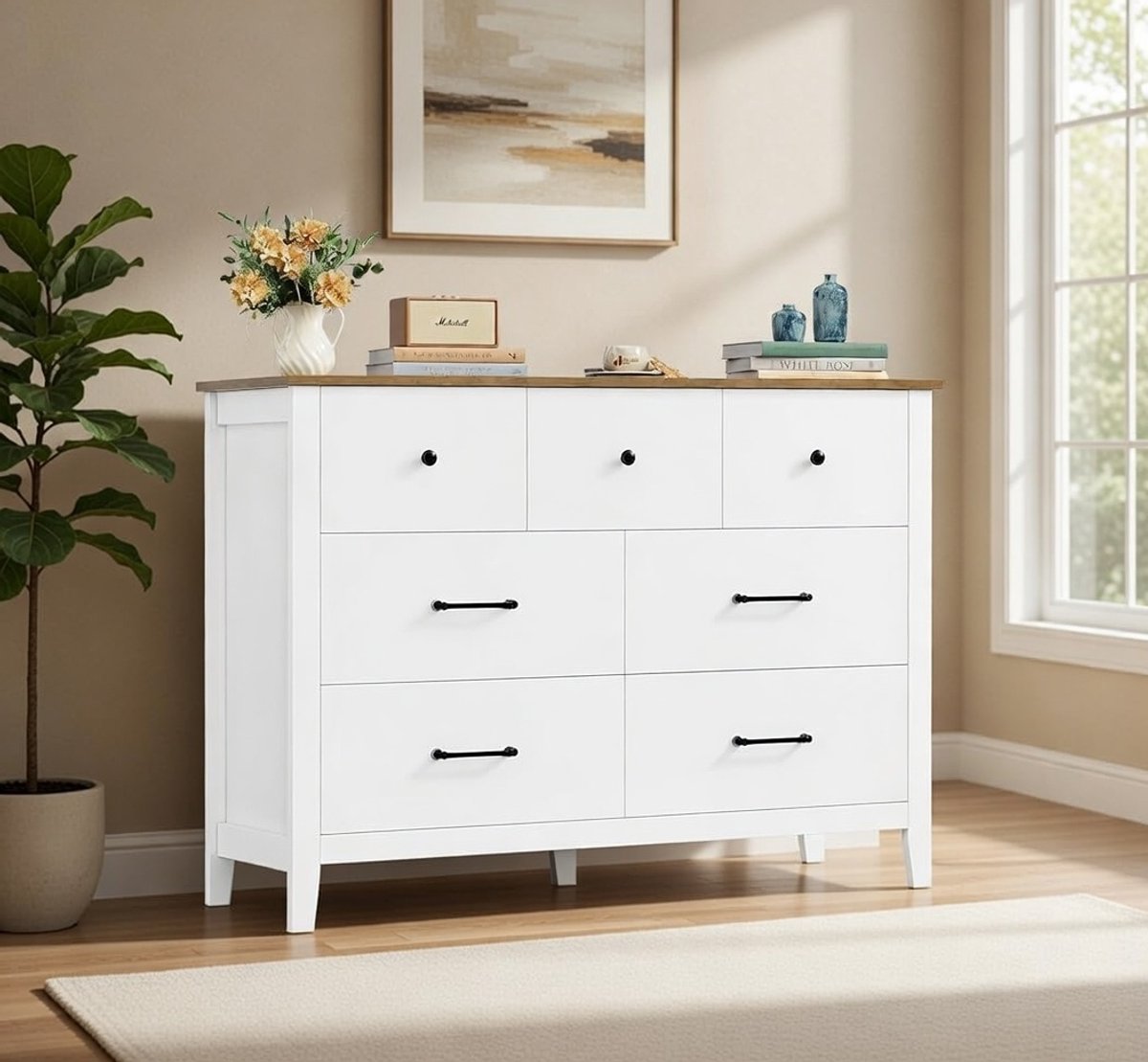 Elegante 7-Laden Commode – Witte Kast met Houten Afwerking voor Slaapkamer, Woonkamer, Kinderkamer, Hal en Kantoor – Melamine Opbergmeubel 106 x 40 x 81 cm Novihome