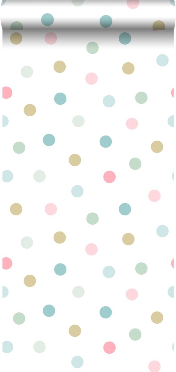 Proefstaal Walls4You behang grote stippen blauw, groen en roze - 26,5 x 21 cm - 935317-S