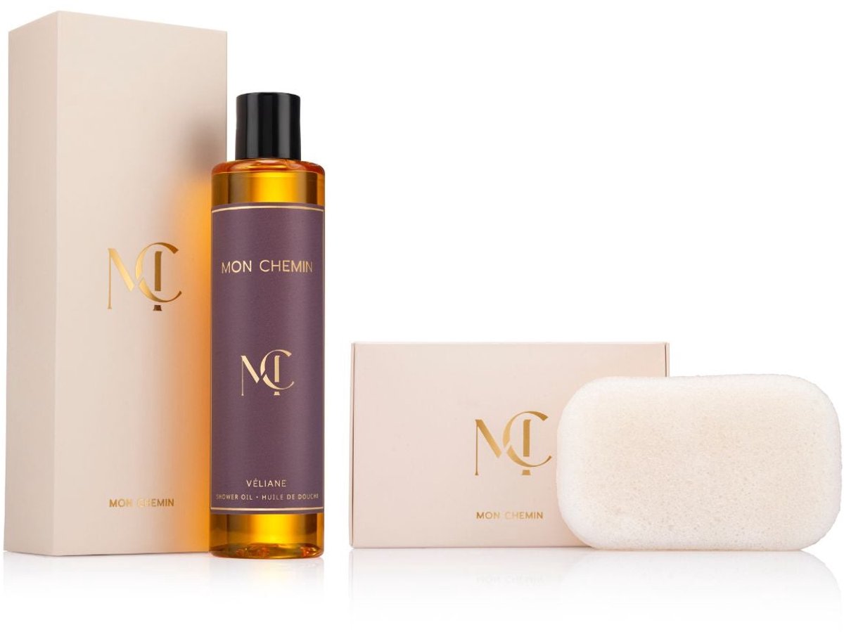 Mon Chemin® Véliane Douche Essentials Set | Doucheolie + Konjac Lichaamsspons – Luxe Cadeau