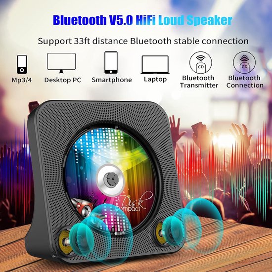 Bluetooth CD-Speler - Desktopdesign - Draagbare Radio-CD-Speler met Dubbele Luidsprekers en Timer - Ondersteunt CD/Bluetooth/FM/AUX/USB-Ingang - FM-Radio - Hoofdtelefoonaansluiting - Bluetooth-Overdracht — afbeelding 3
