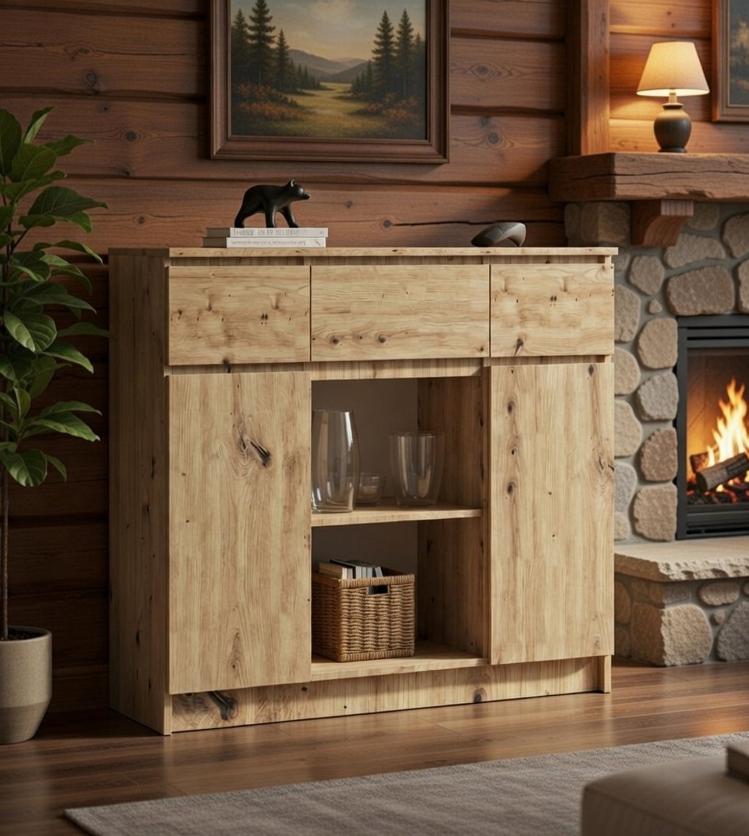 Modern Opbergkast K100 – Commode met 3 Laden & 2 Deuren, 6 Planken – Artisan-Eiken – Woonkamer & Slaapkamer Kast – Compact, Robuust & Stijlvol Novihome