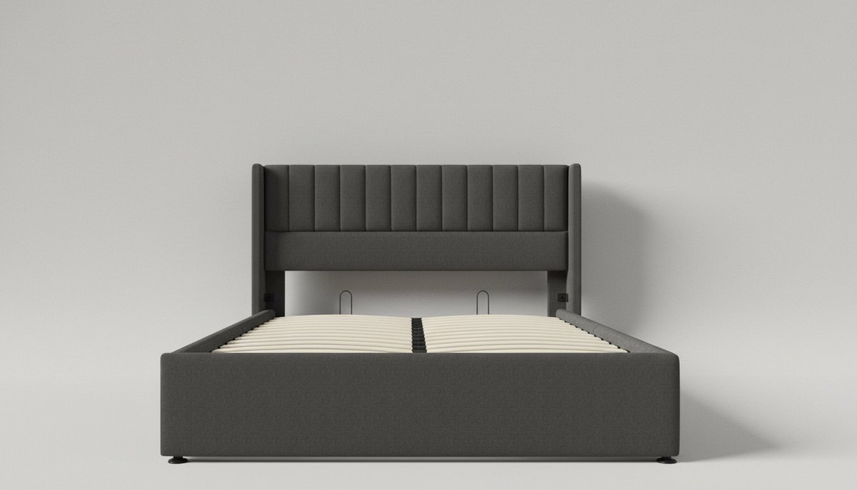 Gestoffeerd Bed 160x200 cm met Opbergruimte – Casa Velluto Luxe Tweepersoonsbed met Hydraulische Opberglade, Lattenbodem en Gestoffeerd Hoofdbord – Modern Linnen Bedframe – Grijs