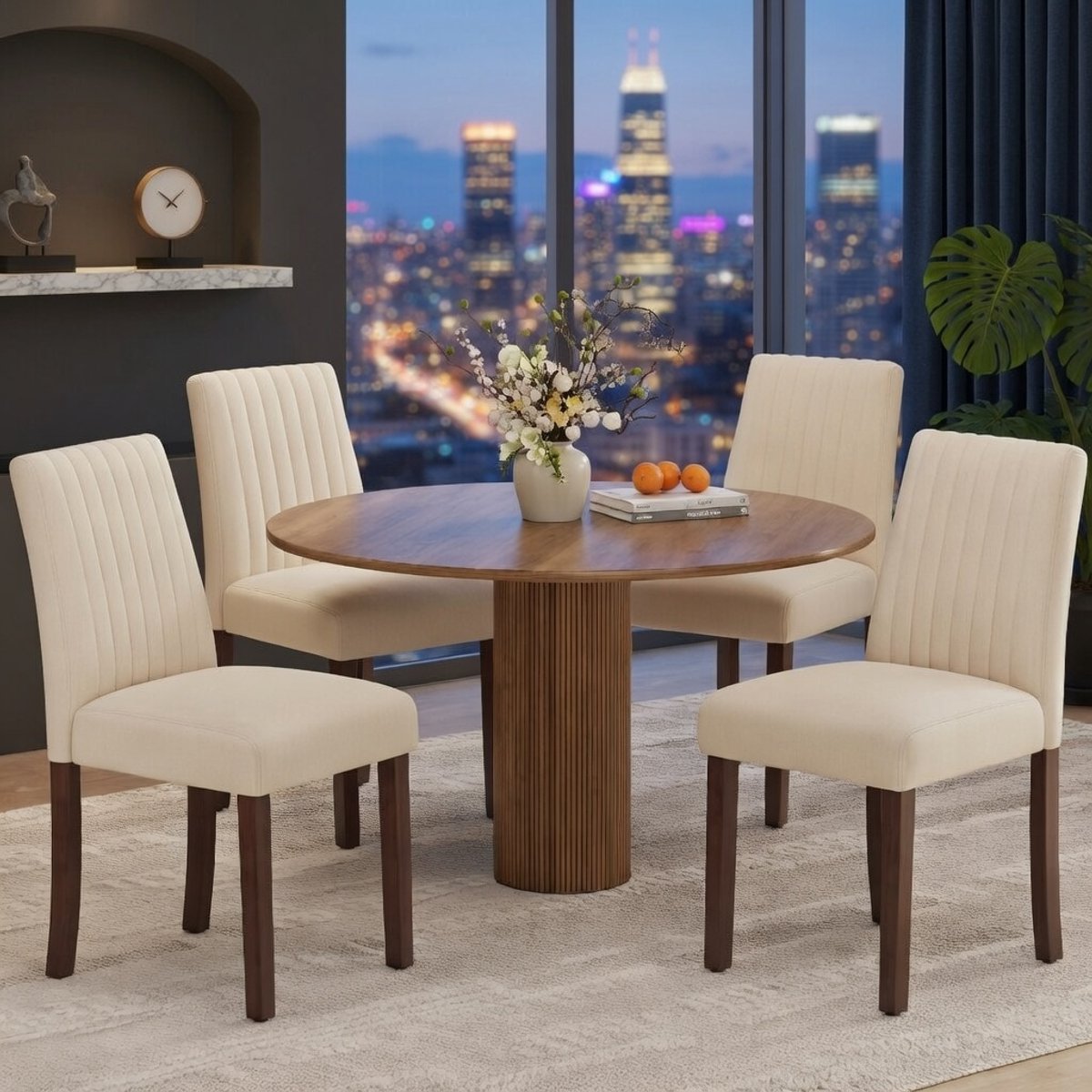 Luxe Gestoffeerde Eetkamerstoelen Set van 4 – Comfortabele Hoge Rugleuning Stoelen voor Eettafel, Keuken, Restaurant of Thuiskantoor – Moderne Beige Stoffen Stoelen met Houten Poten Novihome