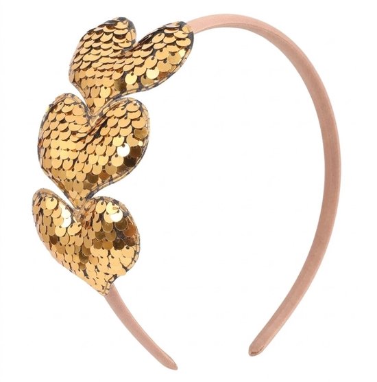 Goudkleurige glinsterende haarband met pailletten harten – meisjes diadeem – feestelijk haaraccessoire met 3 hartvormige versieringen