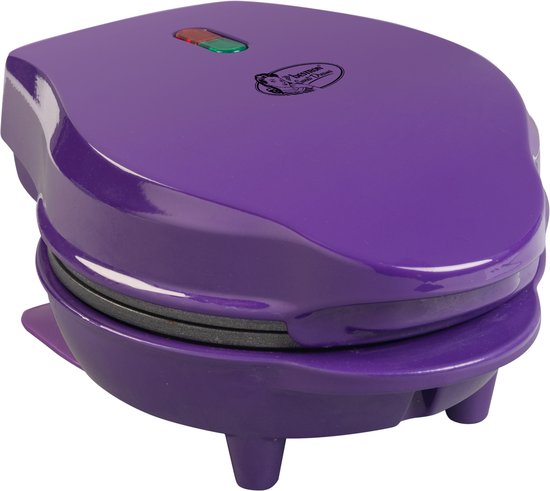 Paars mini wafelijzer met gesloten deksel en Bestron logo.