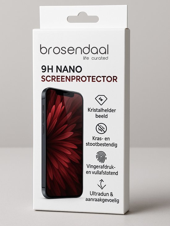 Brosendaal 9H Nano screenprotector verpakking: helder, krasbestendig, anti-vingerafdruk, ultradun.