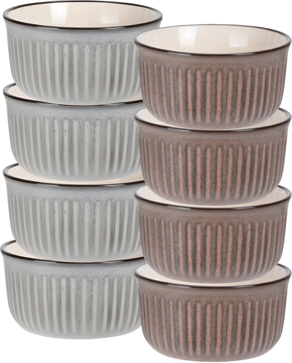 Soepkom Striped - set 8x - bruin / grijs - 14 x 7 cm - keramiek - kommetjes - 500 ml