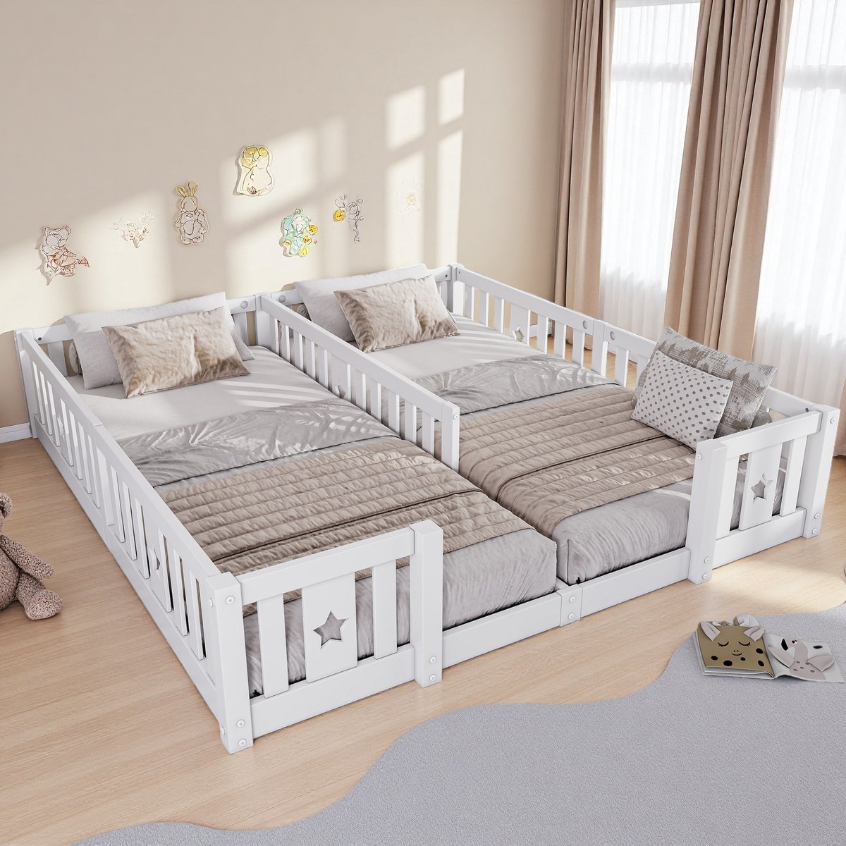 ROSAHQNDA Kinderbed 90 x 200 cm met zijrail, eenpersoonsbedframe zonder lattenbodem (zonder matras), voor gezinnen met twee kinderen, wit grenenhout, minimalistische stijl, wit Wit zonder lattenbodem