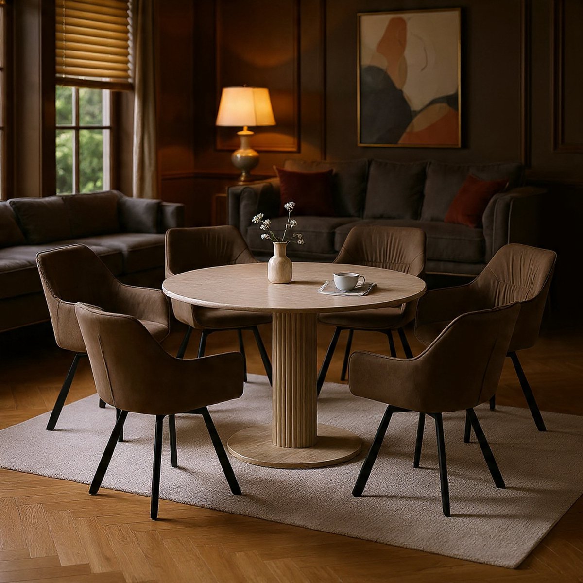 Luxe Draaibare Eetkamerstoelen Set van 6 – Velvet Fluwelen Polster Stoelen met Armleuningen – 360° Draaistoel met Memory Foam Zitting – Bruin – 45 x 43 x 81 cm – Novihome