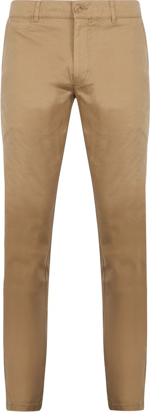 Lichtbruine chino broek met knoopsluiting en riemlussen.