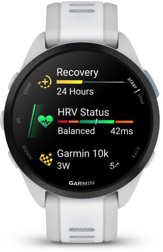 Garmin Forerunner 165 smartwatch met wit bandje, scherm toont hersteldata, 24 uur, HRV Status.