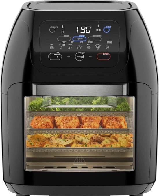 Aura® Airfryer xl - Airfryer xxl - Heteluchtfriteuse -10 Liter - XL familiemaat - Zwart- 31cm x 31cm x 38cm ‎