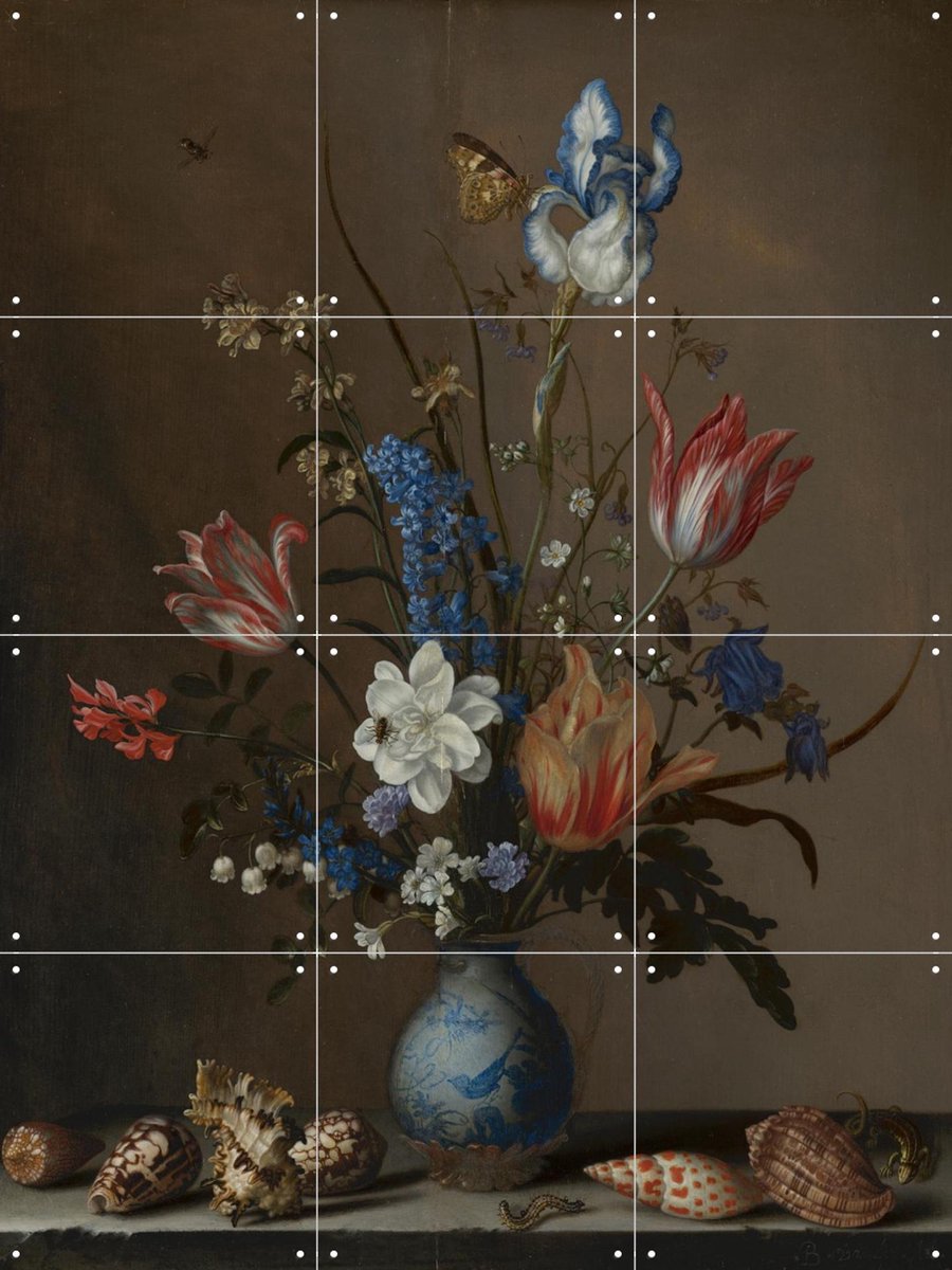 IXXI Bloemen in een Wan-Li vaas en schelpen, Balthasar van der Ast & Mauritshuis - 60 x 80 cm - Gratis ophangtool - Grote wanddecoratie en posters -