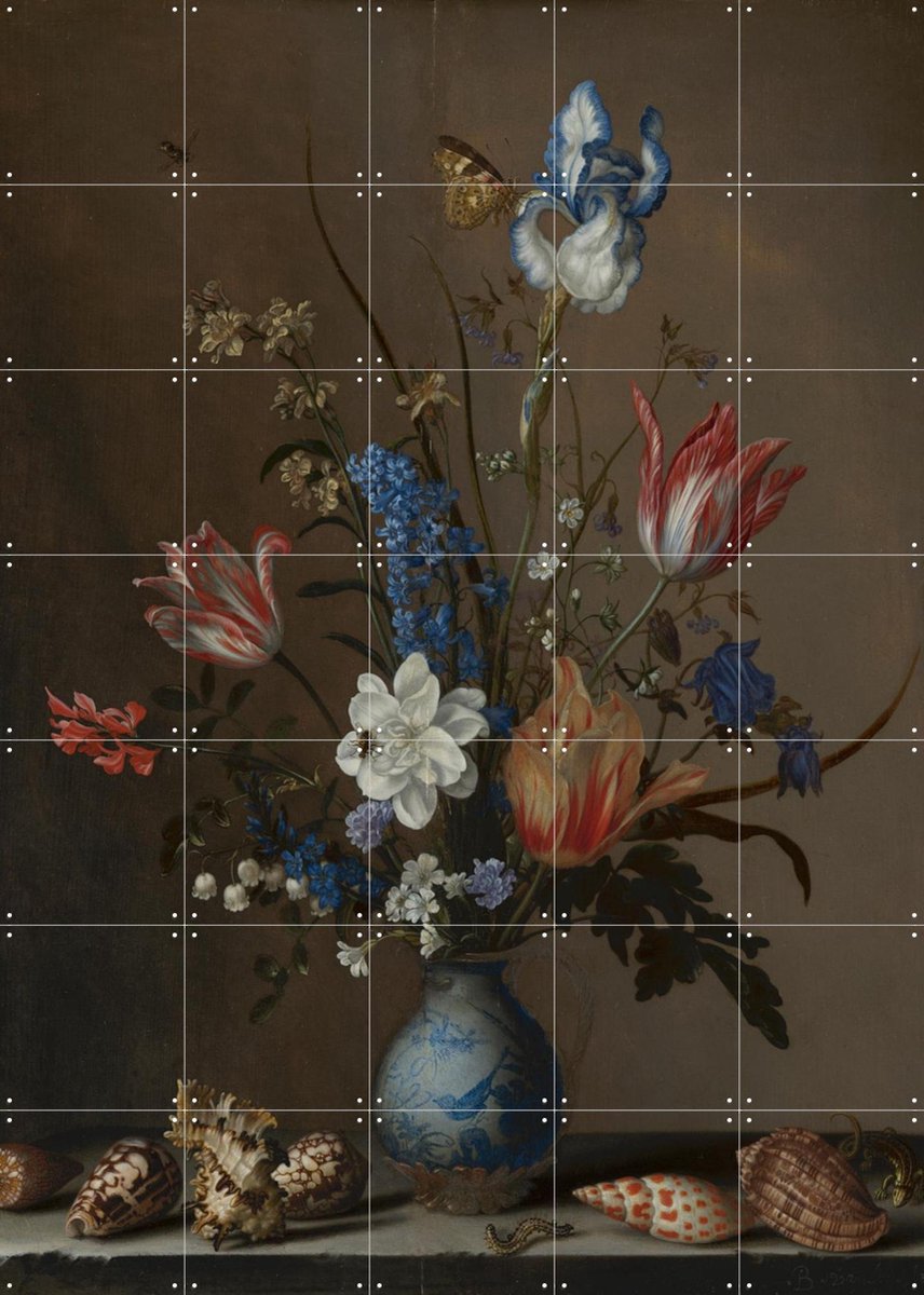 IXXI Bloemen in een Wan-Li vaas en schelpen, Balthasar van der Ast & Mauritshuis - 100 x 140 cm - Gratis ophangtool - Grote wanddecoratie en posters -