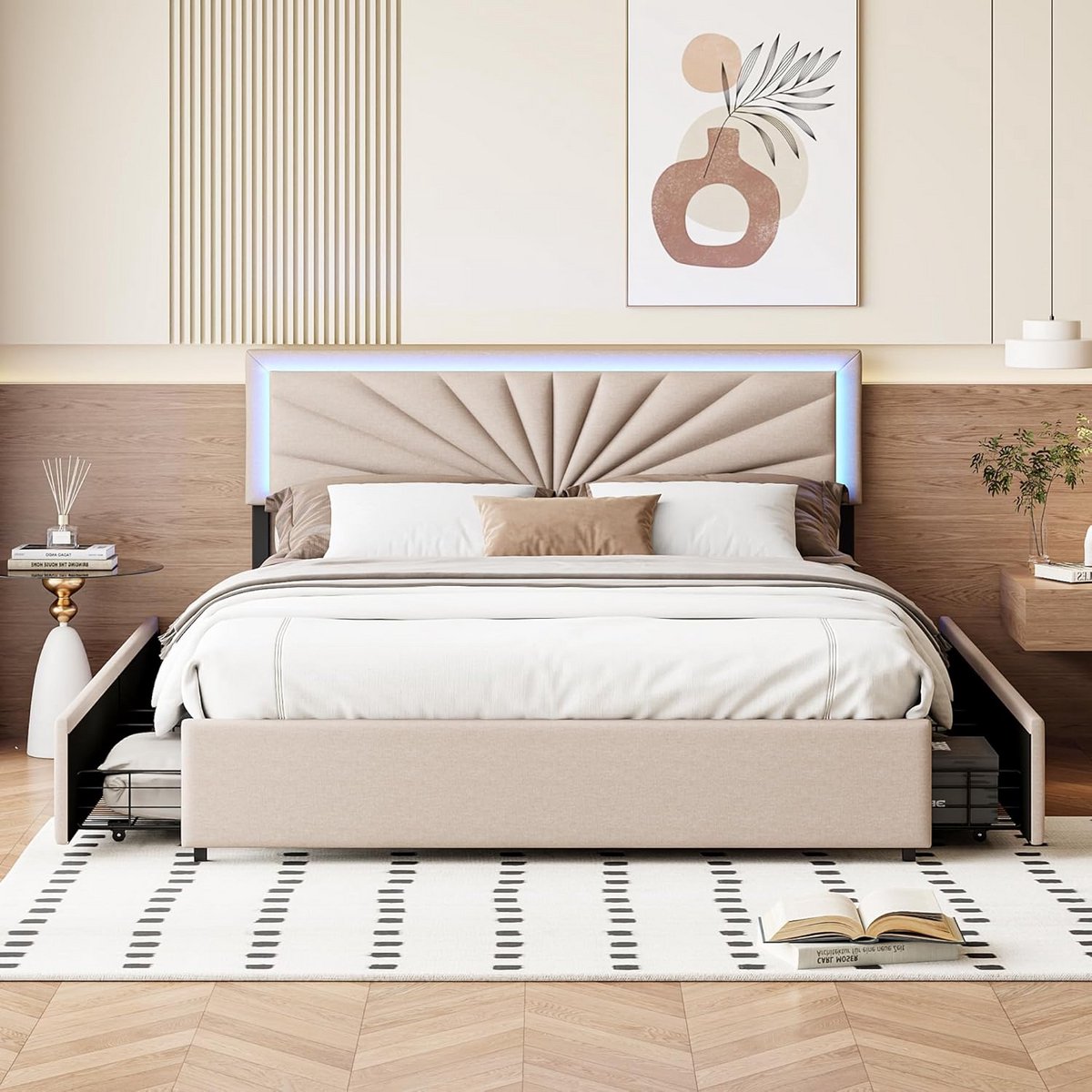 Tweepersoonsbed 160x200 met LED Verlichting en 4 Opberglades