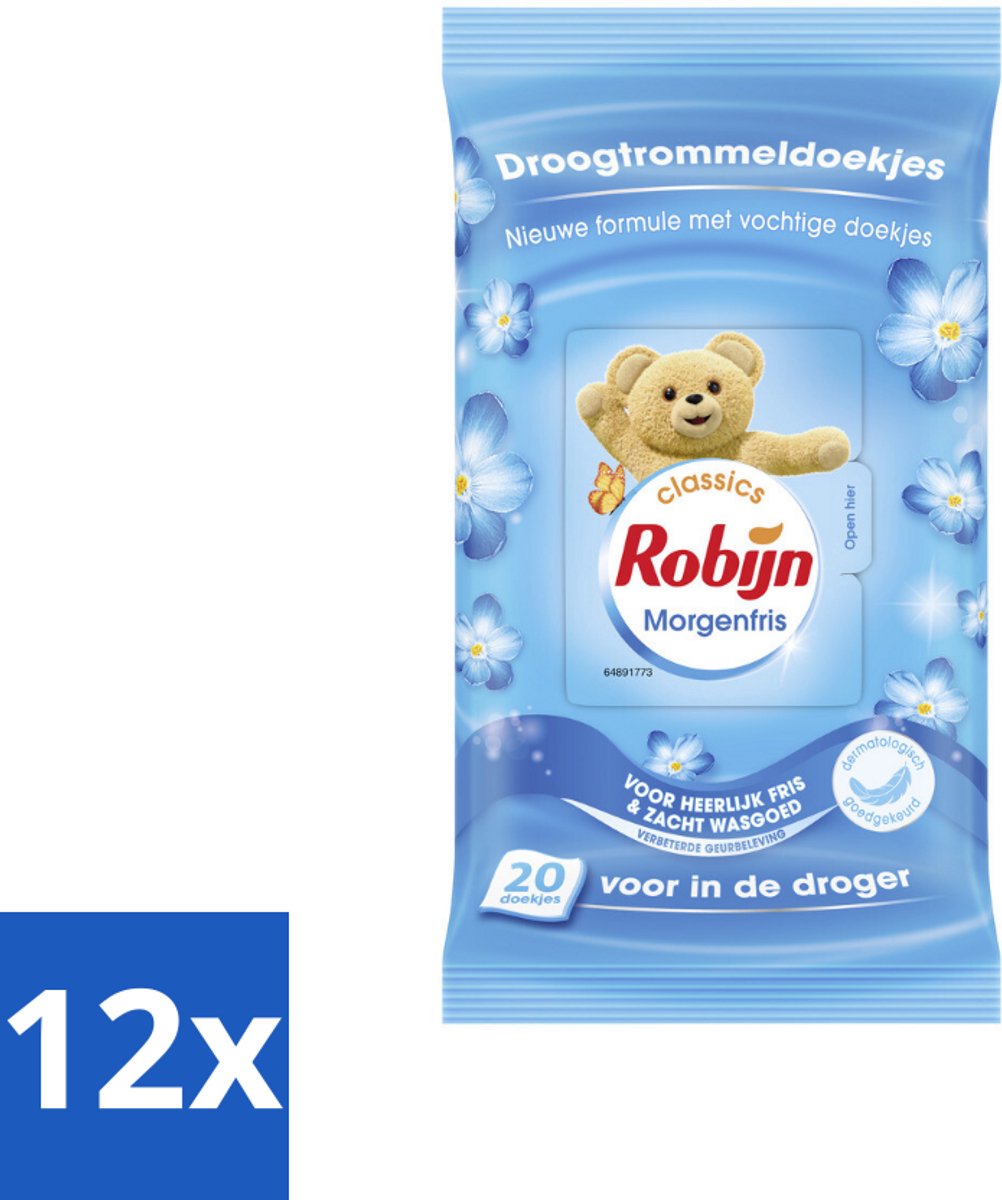 12 x Robijn – Droogtrommeldoekjes – Morgenfris - 20 Doekjes - Droogtrommeldoekjes - Wasgoed Drogen - Frisse Geur - Wasgoed Verzorgen - Kleuren Beschermen