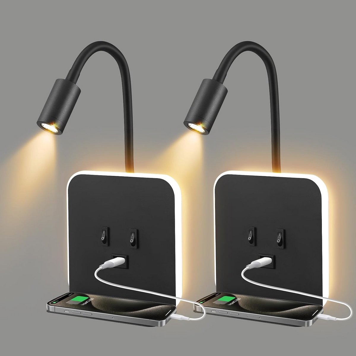 Set van 2 Flexibele LED Wandlampen met USB Oplader en Schakelaar - Leeslamp voor Hoofdeind