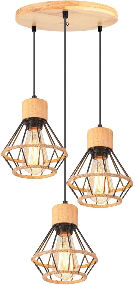 Vintage Industriële Hanglamp met Hout en Metaal Geometrisch Zwart