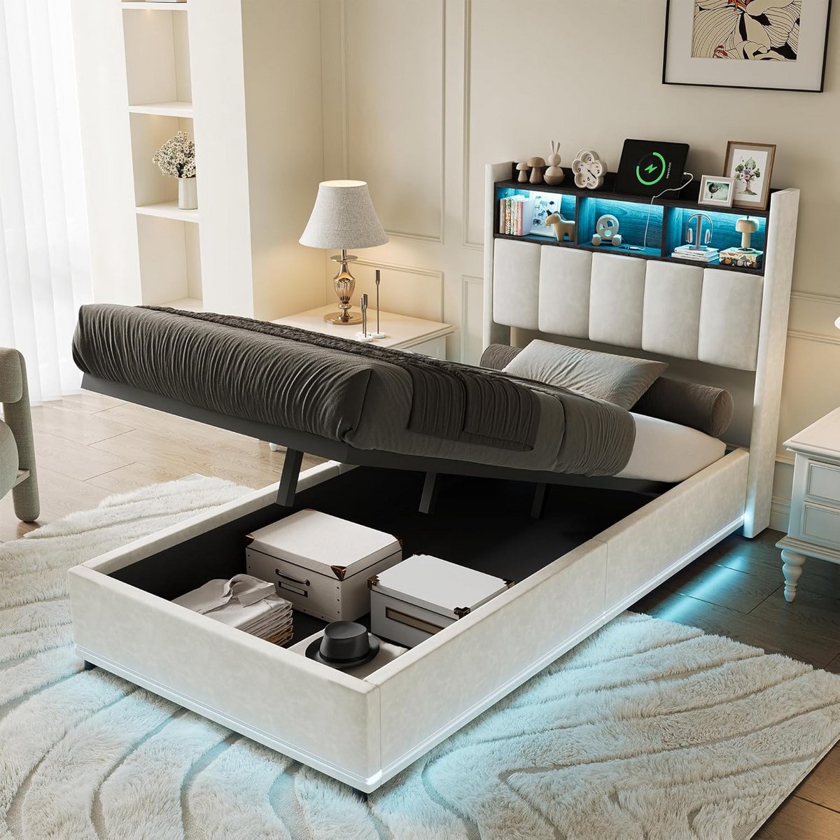 Opklapbed (90x200 cm) met Hydraulische Opberging, Hoofdbord met LED Verlichting en USB-C Opladen